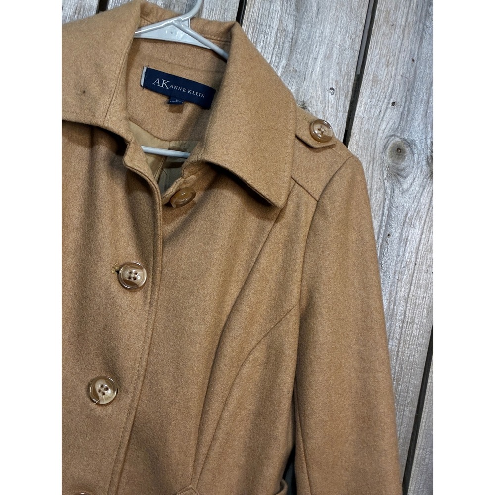 Anne Klein Camel Tan Wool Blend Belted Trench Coat Epaulets Size Medium